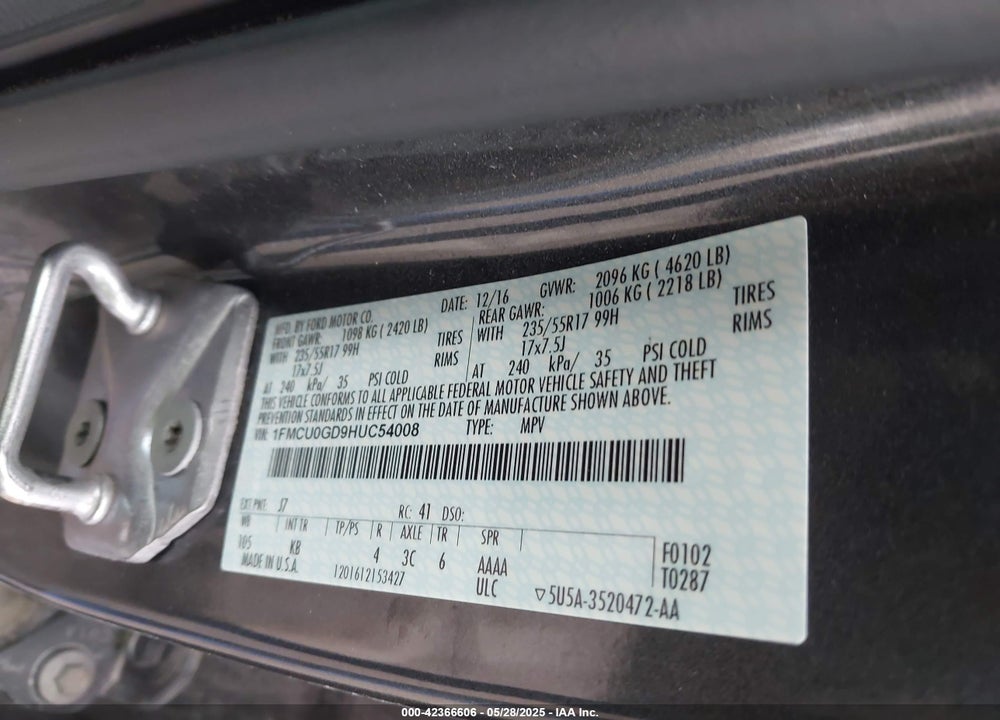 2017 FORD ESCAPE VIN: 1FMCU0GD9HUC54008