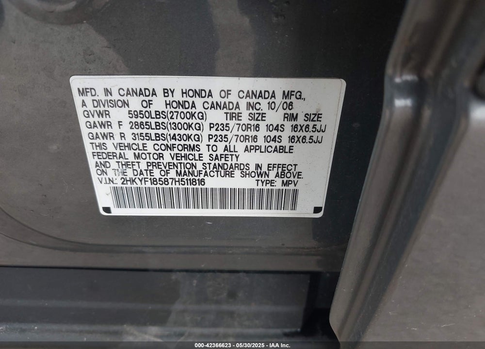 2007 HONDA PILOT VIN: 2HKYF18587H511816