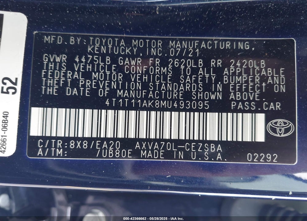 2021 TOYOTA CAMRY VIN: 4T1T11AK8MU493095