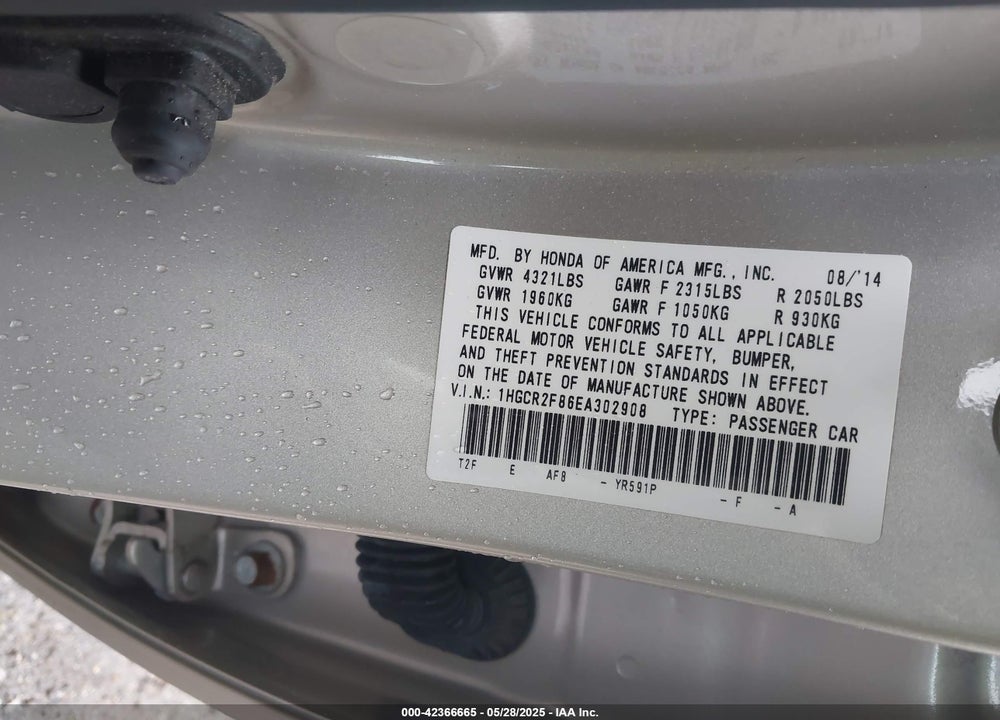 2014 HONDA ACCORD VIN: 1HGCR2F86EA302908