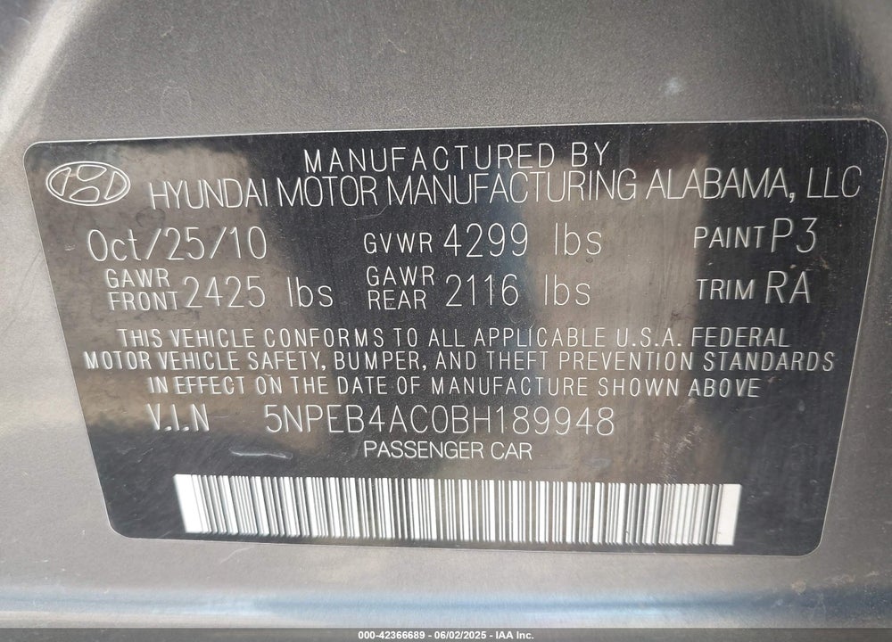2011 HYUNDAI SONATA GLS VIN: 5NPEB4AC0BH189948
