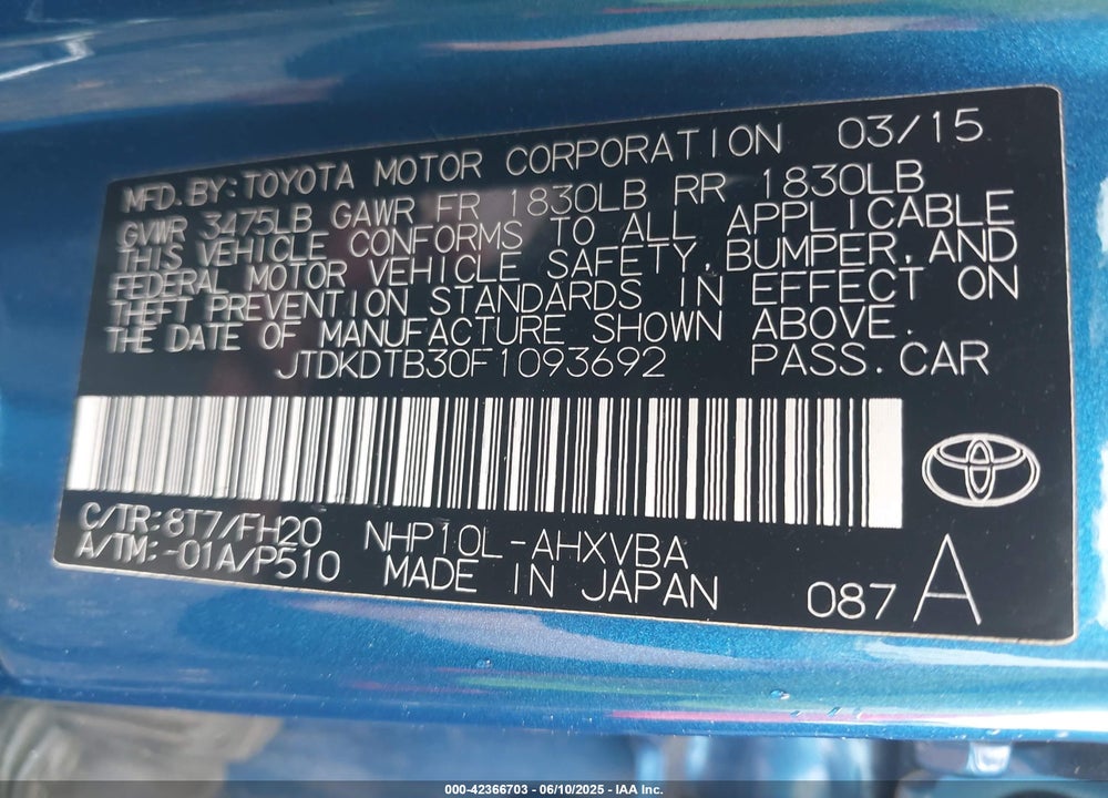 2015 TOYOTA PRIUS C VIN: JTDKDTB30F1093692