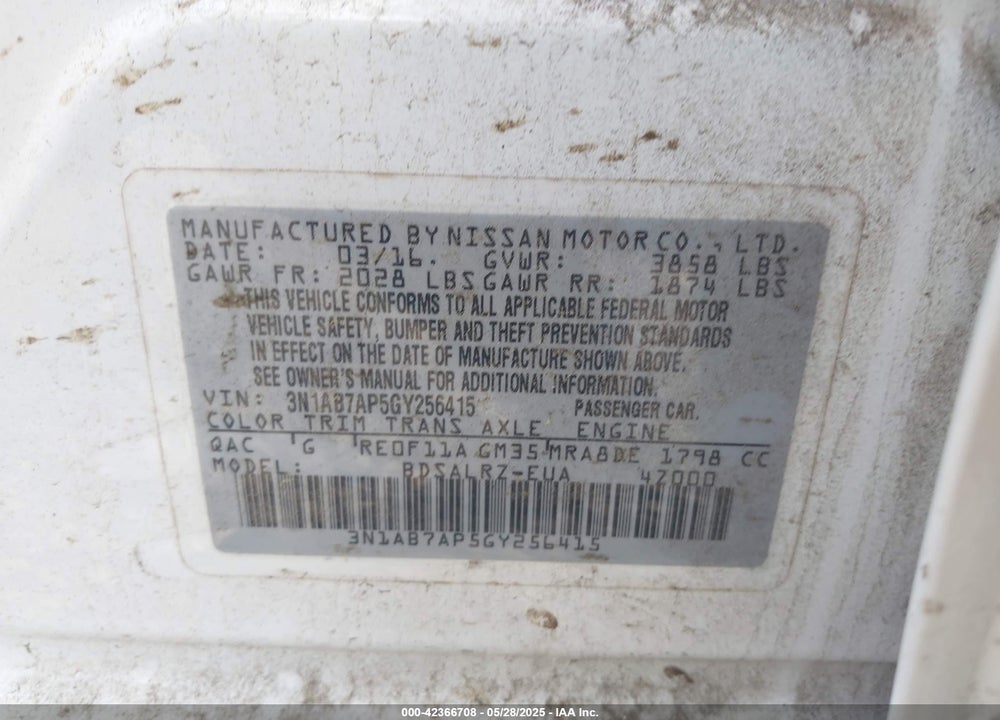 2016 NISSAN SENTRA SR VIN: 3N1AB7AP5GY256415