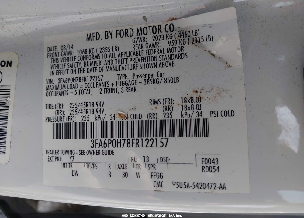 2015 FORD FUSION VIN: 3FA6P0H78FR122157