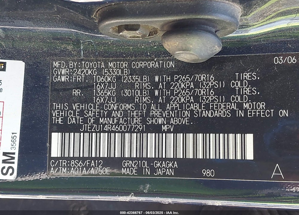 2006 TOYOTA 4RUNNER VIN: JTEZU14R460077291