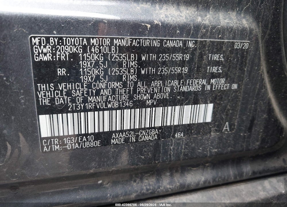 2020 TOYOTA RAV4 VIN: 2T3Y1RFV0LW081346