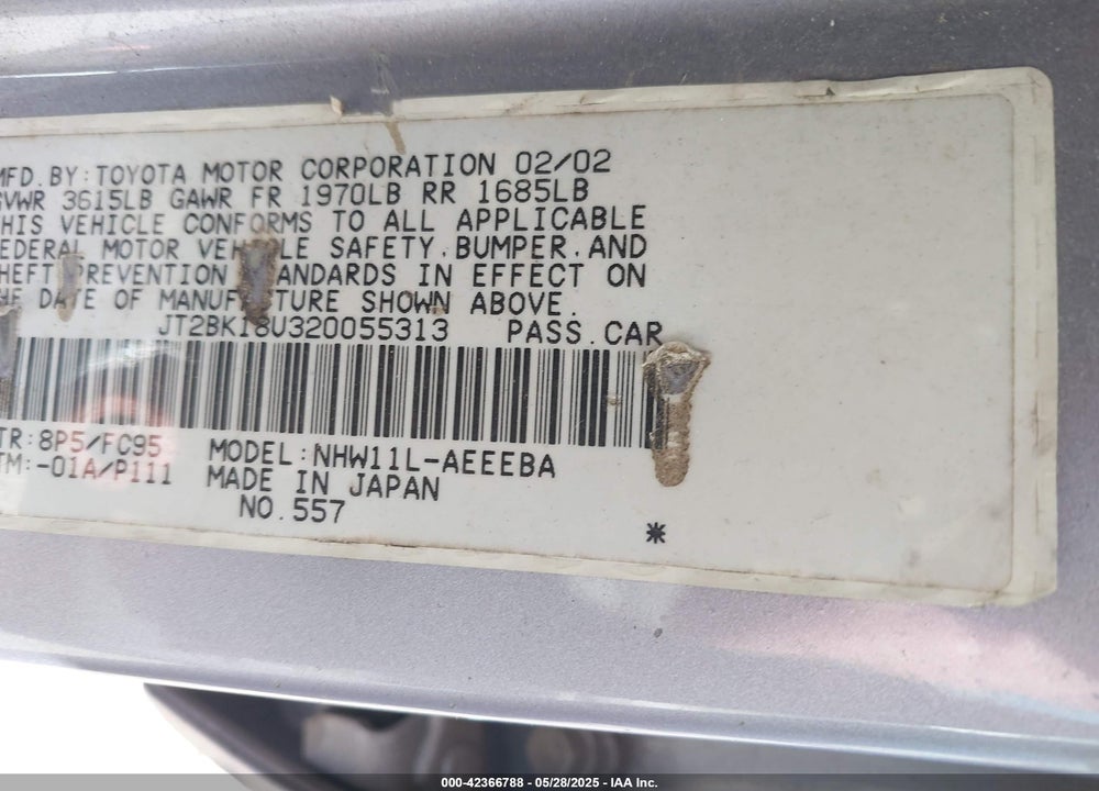 2002 TOYOTA PRIUS VIN: JT2BK18U320055313