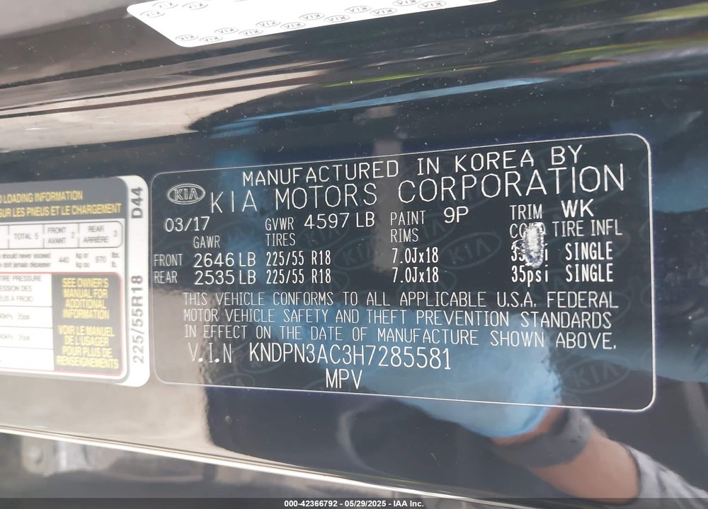 2017 KIA SPORTAGE VIN: KNDPN3AC3H7285581