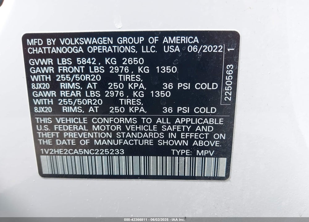 2022 VOLKSWAGEN ATLAS CROSS SPORT 3.6L V6 SE W/TECHNOLOGY VIN: 1V2HE2CA5NC225233