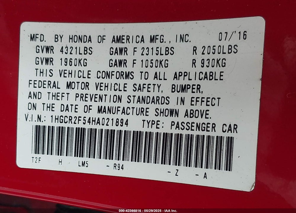 2017 HONDA ACCORD VIN: 1HGCR2F54HA021894