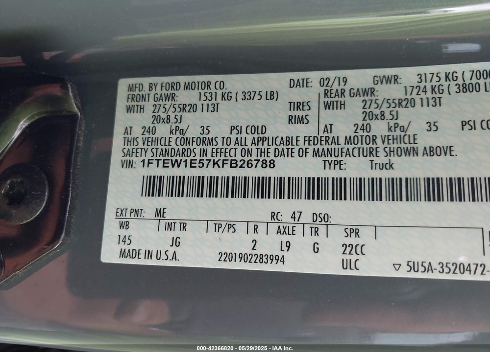 2019 FORD F150 VIN: 1FTEW1E57KFB26788