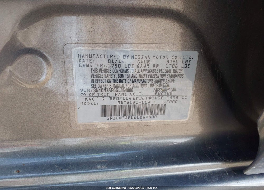 2016 NISSAN VERSA VIN: 3N1CN7AP6GL864800