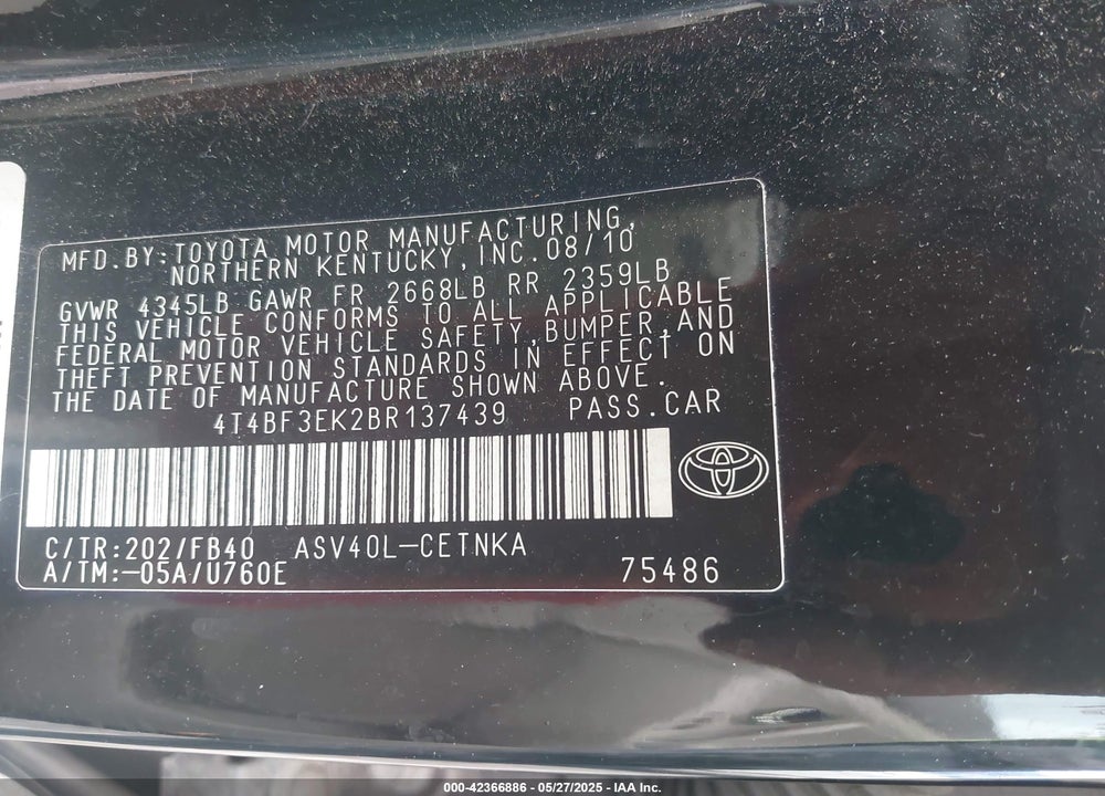 2011 TOYOTA CAMRY VIN: 4T4BF3EK2BR137439