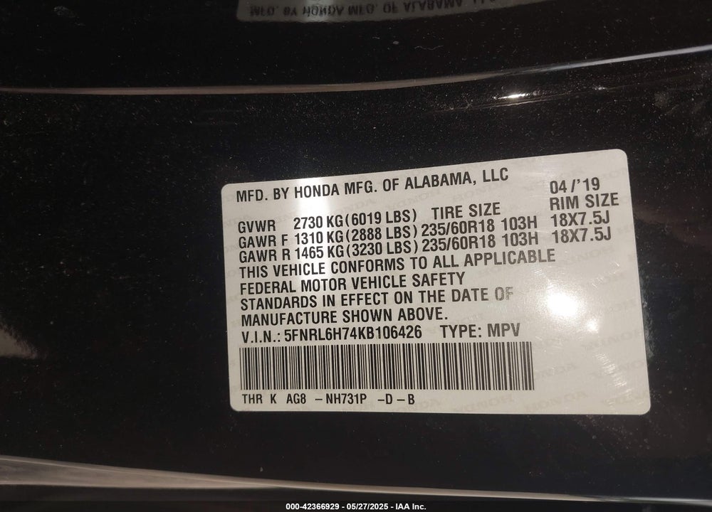 2019 HONDA ODYSSEY EX-L VIN: 5FNRL6H74KB106426