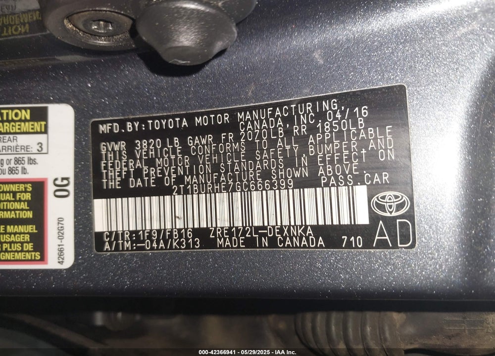 2016 TOYOTA COROLLA VIN: 2T1BURHE7GC666399