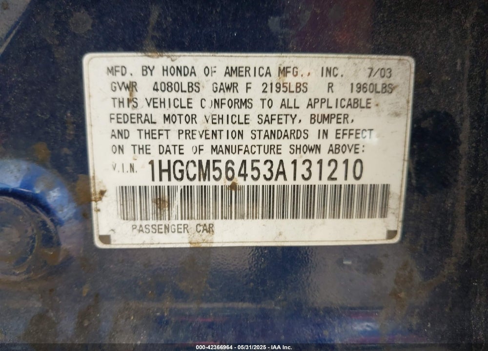 2003 HONDA ACCORD 2.4 LX VIN: 1HGCM56453A131210