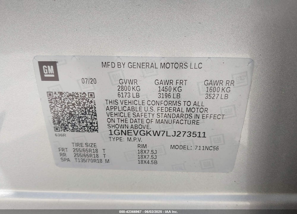 2020 CHEVROLET TRAVERSE VIN: 1GNEVGKW7LJ273511