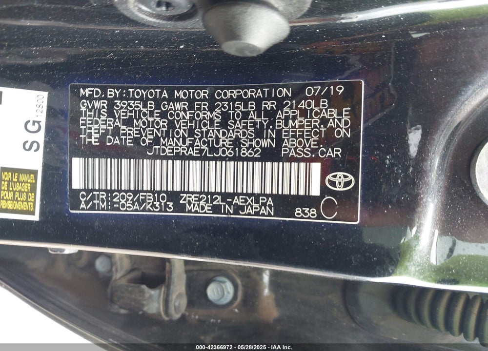 2020 TOYOTA COROLLA VIN: JTDEPRAE7LJ061862