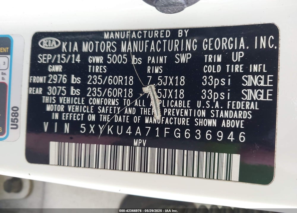 2015 KIA SORENTO VIN: 5XYKU4A71FG636946