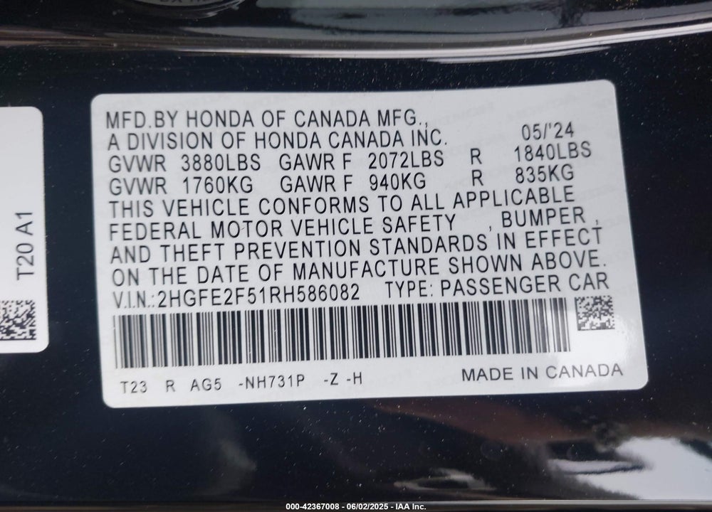 2024 HONDA CIVIC SPORT VIN: 2HGFE2F51RH586082