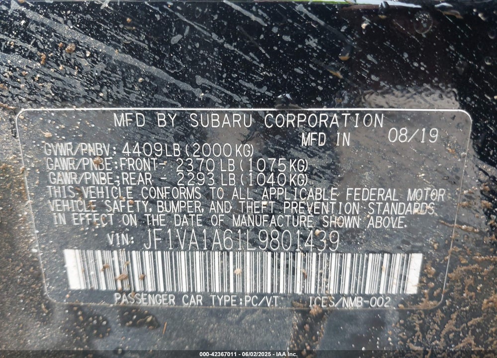2020 SUBARU WRX VIN: JF1VA1A61L9801439