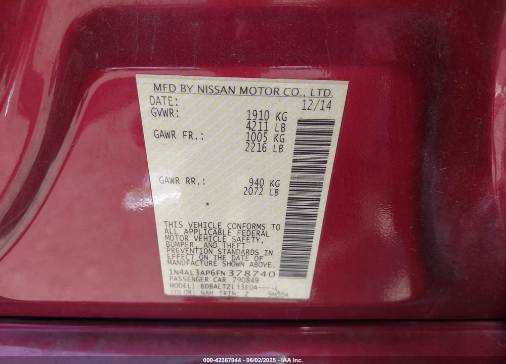 2015 NISSAN ALTIMA VIN: 1N4AL3AP6FN378740