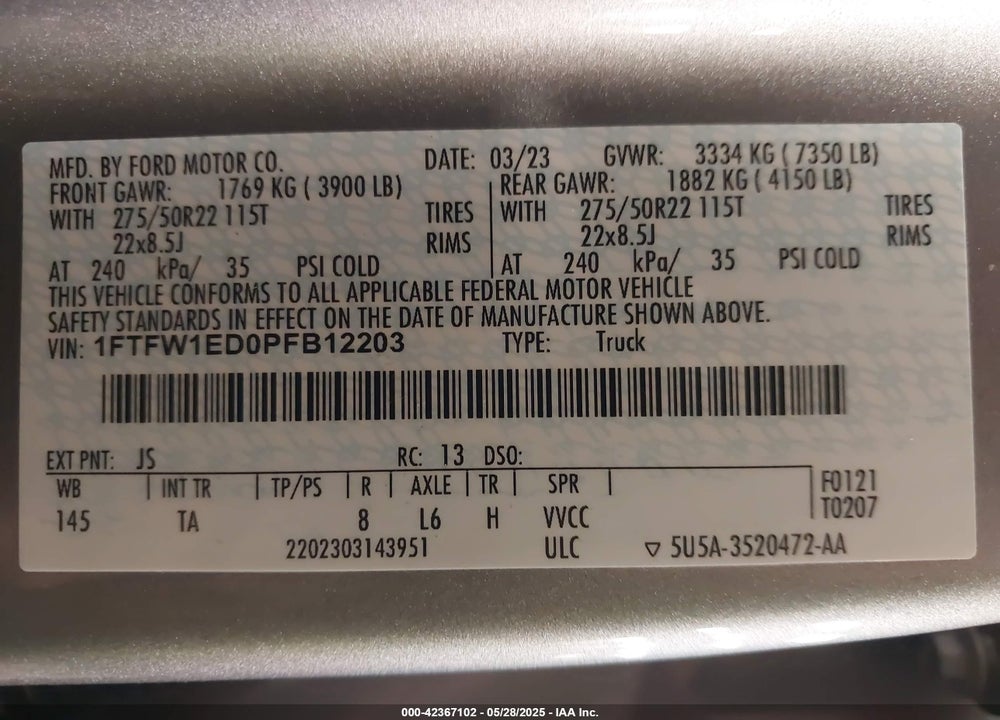 2023 FORD F-150 LIMITED VIN: 1FTFW1ED0PFB12203