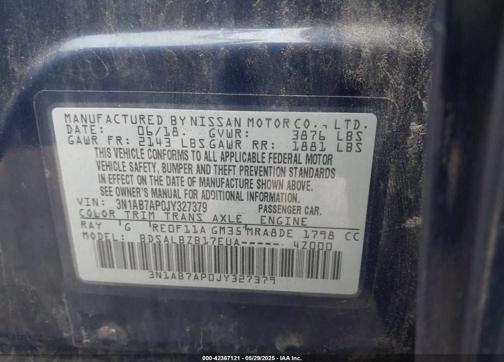 2018 NISSAN SENTRA VIN: 3N1AB7AP0JY327379