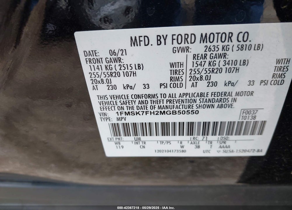 2021 FORD EXPLORER VIN: 1FMSK7FH2MGB50550