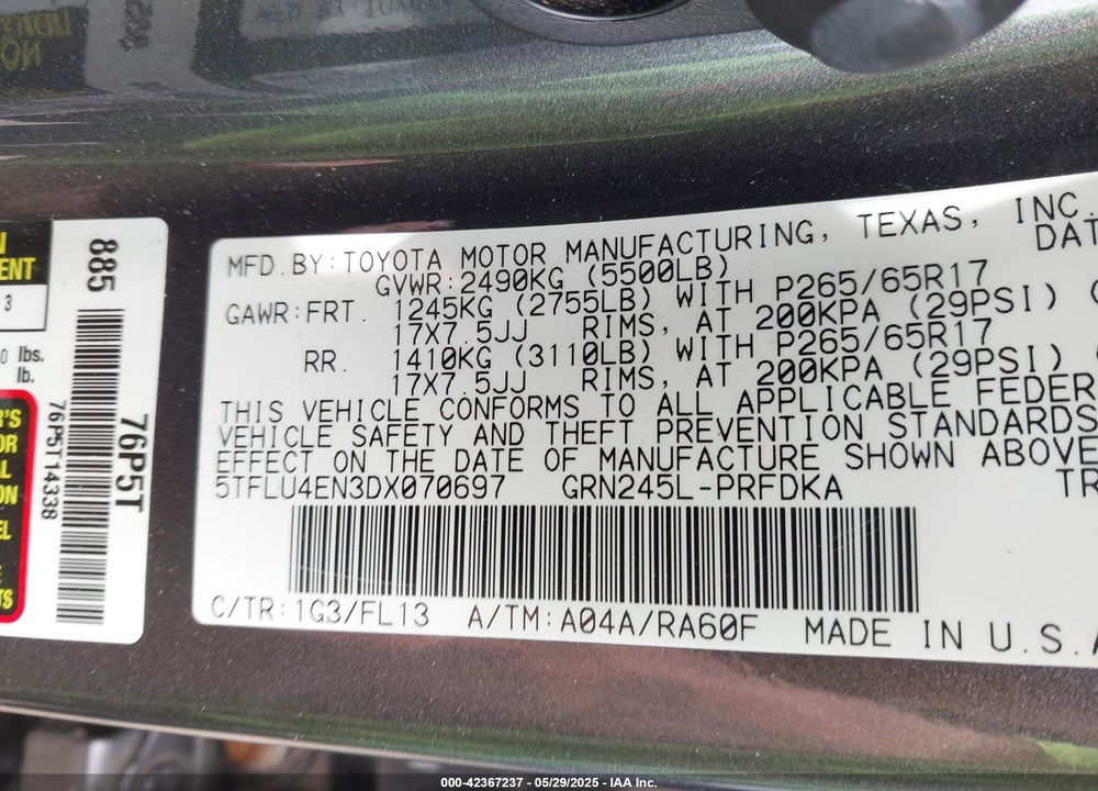 2013 TOYOTA TACOMA VIN: 5TFLU4EN3DX070697