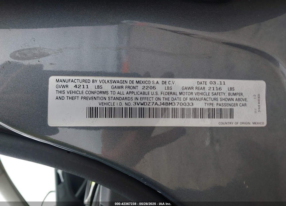 2011 VOLKSWAGEN JETTA 2.5L SE VIN: 3VWDZ7AJ4BM370033