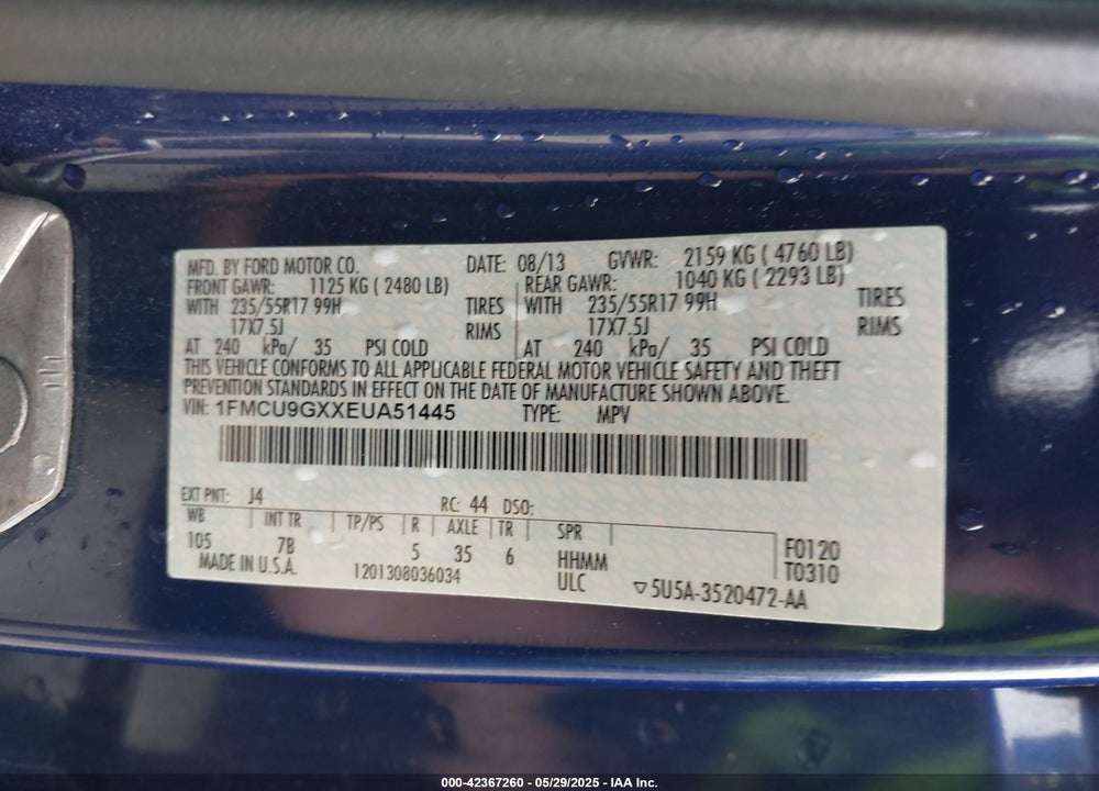2014 FORD ESCAPE VIN: 1FMCU9GXXEUA51445