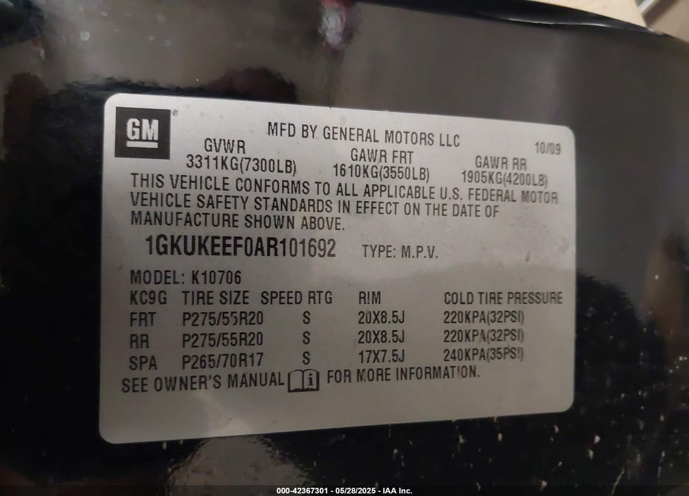 2010 GMC YUKON VIN: 1GKUKEEF0AR101692