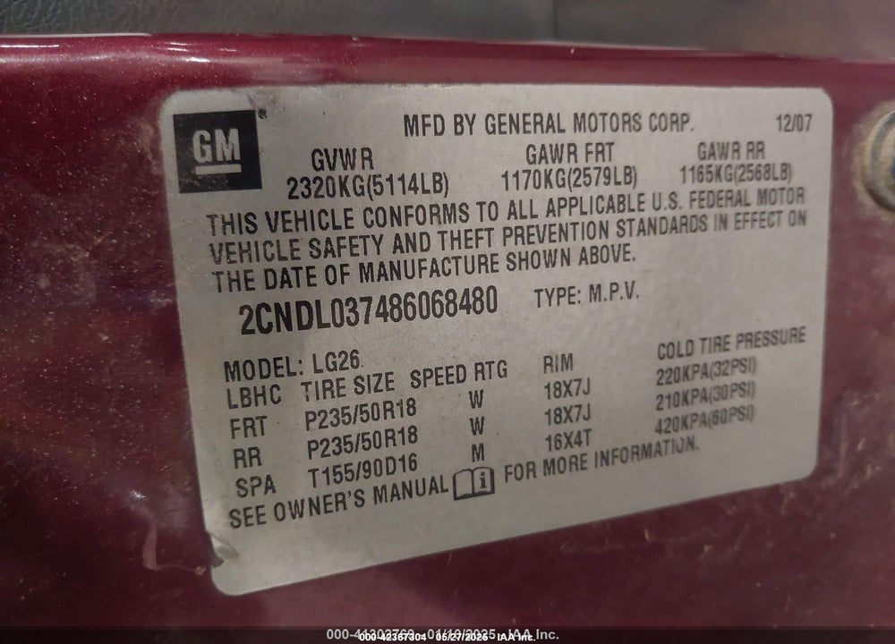 2008 CHEVROLET EQUINOX VIN: 2CNDL037486068480