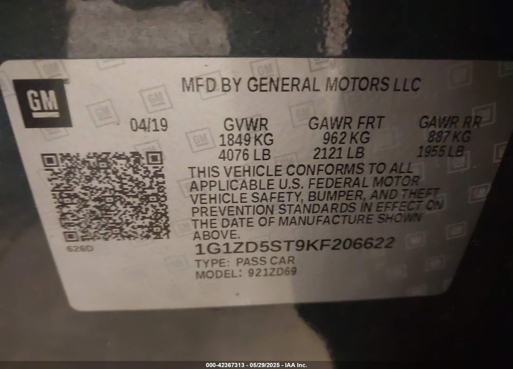 2019 CHEVROLET MALIBU LT VIN: 1G1ZD5ST9KF206622