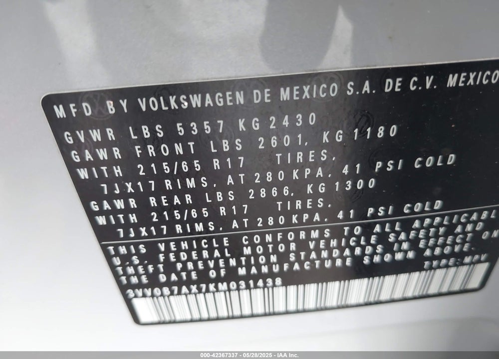 2019 VOLKSWAGEN TIGUAN VIN: 3VV0B7AX7KM031438