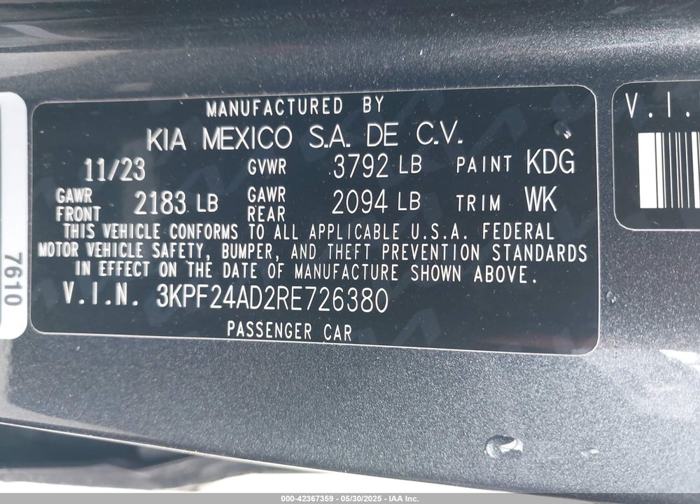 2024 KIA FORTE VIN: 3KPF24AD2RE726380