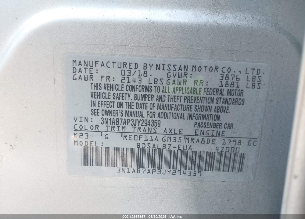 2018 NISSAN SENTRA S VIN: 3N1AB7AP3JY294359