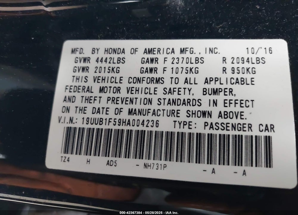 2017 ACURA TLX VIN: 19UUB1F59HA004236