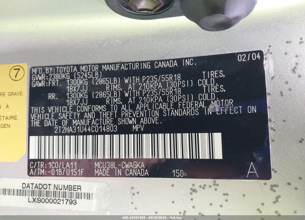 2004 LEXUS RX 330 VIN: 2T2HA31U44C014803