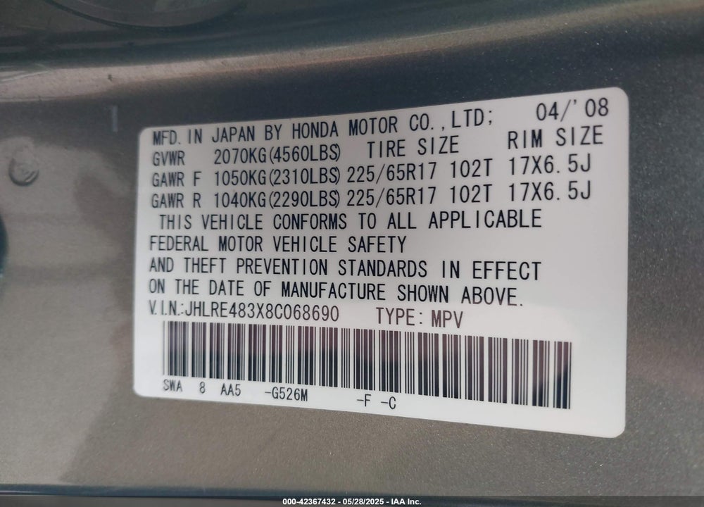2008 HONDA CR-V VIN: JHLRE483X8C068690