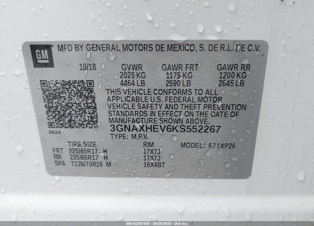 2019 CHEVROLET EQUINOX LS VIN: 3GNAXHEV6KS552267