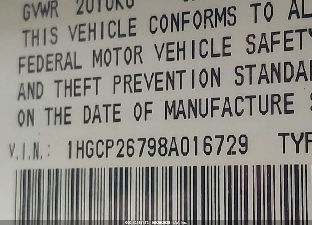 2008 HONDA ACCORD VIN: 1HGCP26798A016729