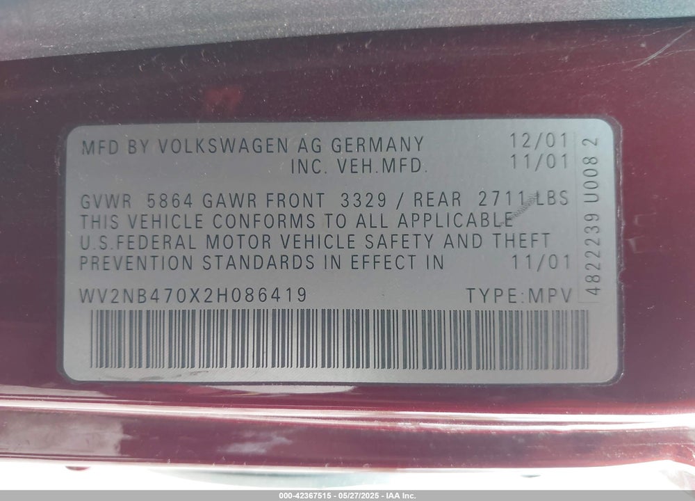 2002 VOLKSWAGEN EUROVAN MV VIN: WV2NB470X2H086419