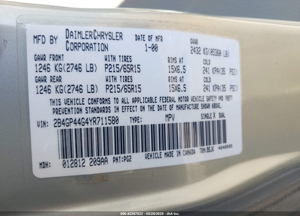 2000 DODGE GRAND CARAVAN SE VIN: 2B4GP44G4YR711580