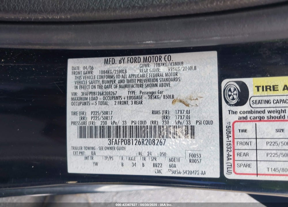 2006 FORD FUSION SEL VIN: 3FAFP08126R208267