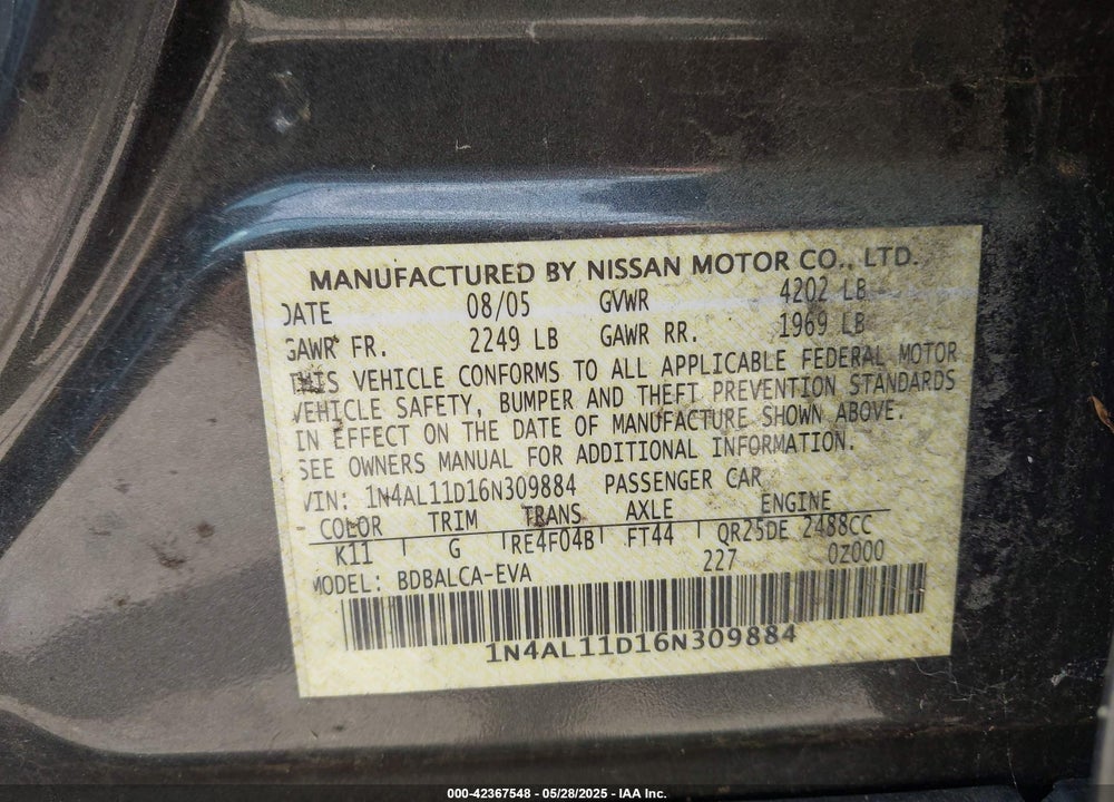 2006 NISSAN ALTIMA VIN: 1N4AL11D16N309884