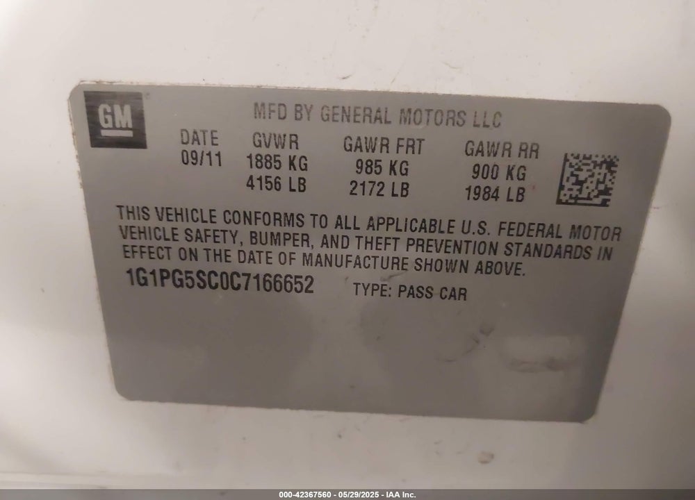 2012 CHEVROLET CRUZE VIN: 1G1PG5SC0C7166652