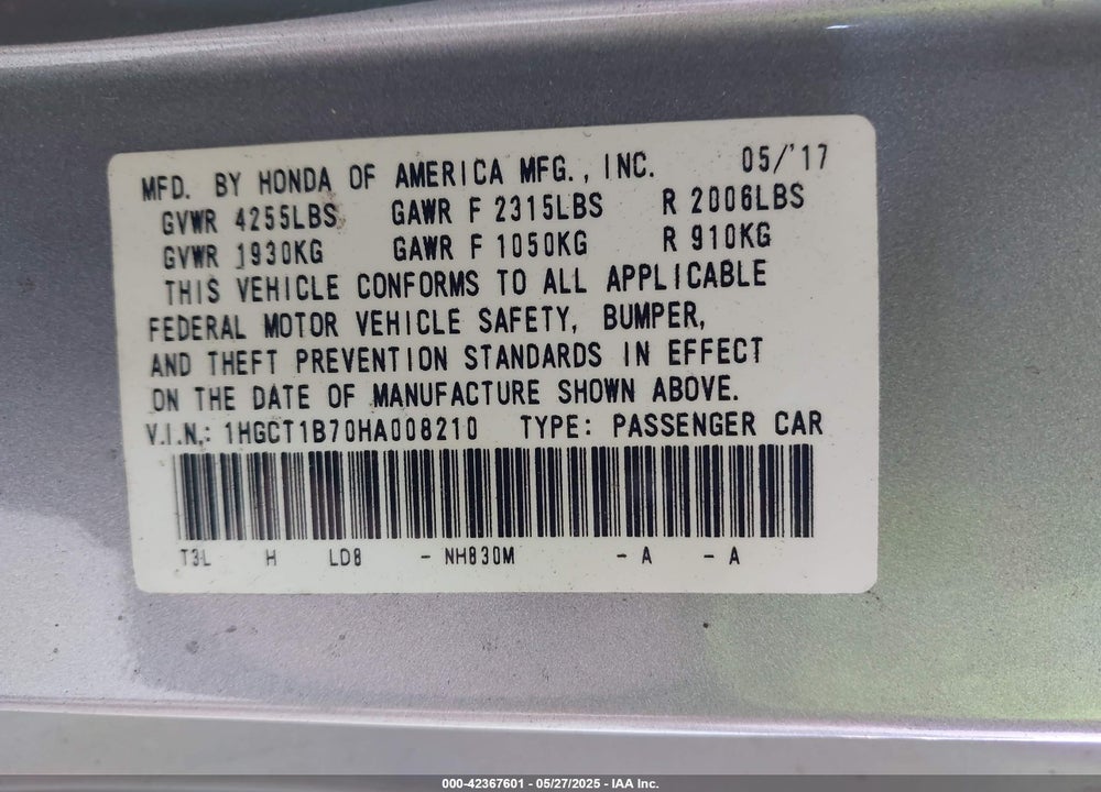 2017 HONDA ACCORD EX VIN: 1HGCT1B70HA008210