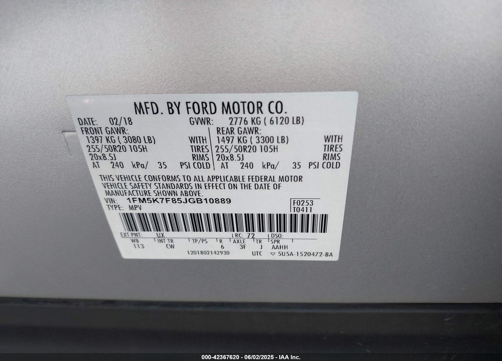 2018 FORD EXPLORER VIN: 1FM5K7F85JGB10889